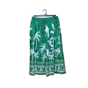 Gypsie Blu. Green/White Midi Skirt Coastal/Resortwear Lined Elastic Tie Waist LG